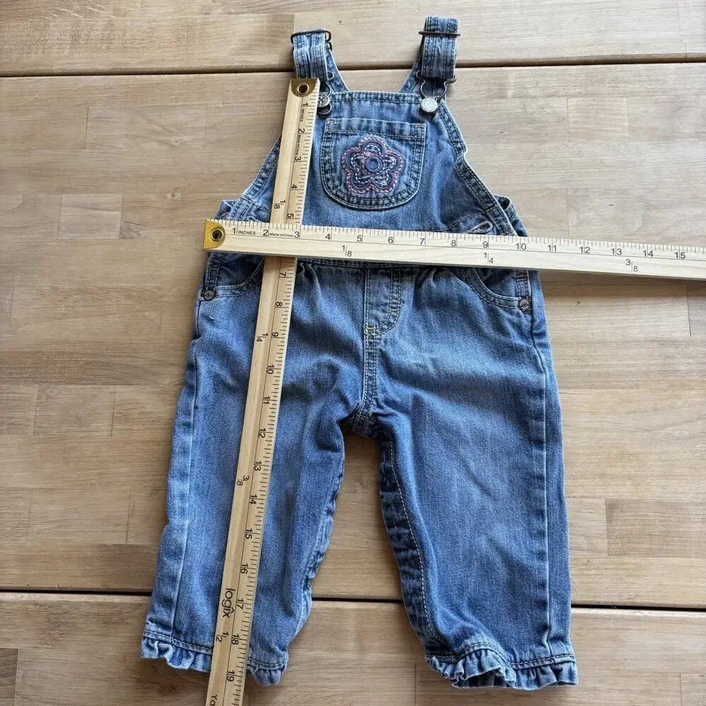 OshKosh B'gosh Overalls Vestbak Sz 9 M Girls Bib Floral Flower Blue Embroidered